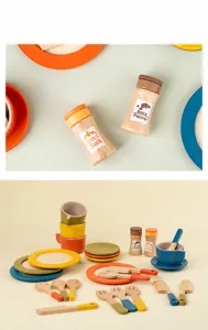 Set di giocattoli da tè in legno per bambini, piatti e tazze da cucina colorati e divertenti.