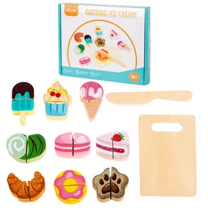 Wooden pretend play food dessert cutting toy set with ice cream and cake for kids.