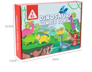 Vue détaillée de la boîte d'emballage du train en bois chiffres dinosaure pour l'apprentissage.
