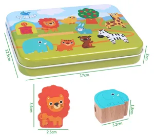 Houten kinder rijgspel kralen speelgoed set met schattige dierenfiguren en opbergblik voor peuters.