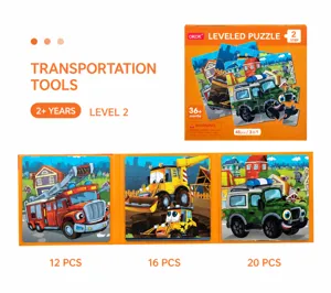 Close-up detail of children educational puzzle set featuring transportation theme pieces clearly.