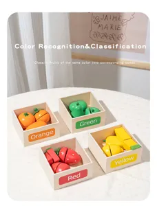 Wooden fruit sorting toy set with colorful boxes for early childhood color recognition.