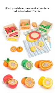 Wooden fruit cutting toy detail showing rich colors and realistic simulation for early education.