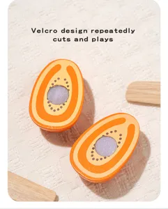 Wooden toy fruit detail, hook and loop fastener design for repeated cutting, early education.