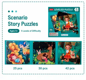 Children leveling puzzle detail view, 3-in-1 scene story puzzle toys with multiple pieces.