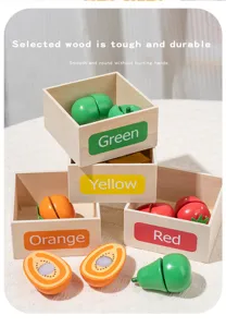 Wooden cutting fruit toy set with color sorting boxes for kids early education and fun play.