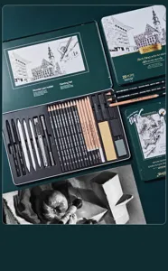 Professional sketching pencil and charcoal set for artists, ideal for shading and drawing.