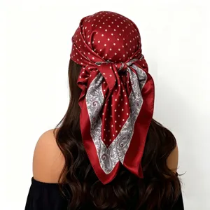 Red polka dot paisley print satin square scarf, hair scarf or head wrap detail view.