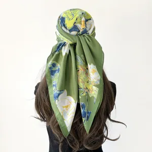 Retro floral satin square scarf women headscarf 90cm vintage hair wrap shawl main view