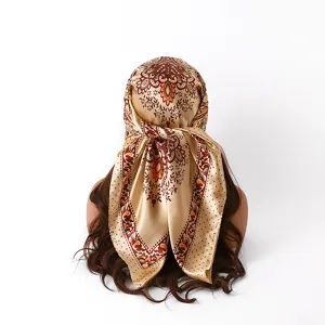 Satin large square scarf featuring vintage floral and paisley print for women styling.