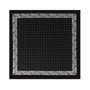Classic black satin square scarf featuring white polka dots and elegant paisley border design.