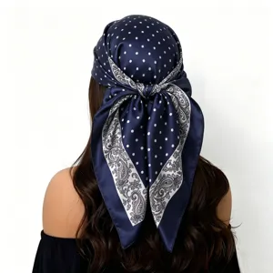 Navy blue satin square scarf featuring white polka dots and classic paisley print design.