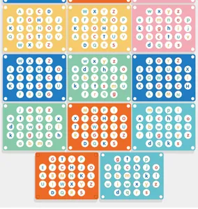 Alphabet matching memory chess detail view, uppercase and lowercase letters on colorful boards.