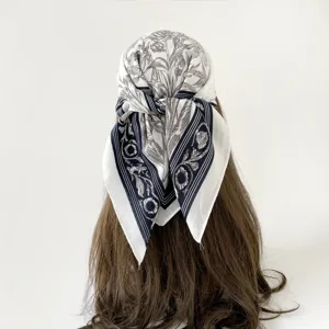 Vintage floral print silk scarf 68cm square headscarf retro fashion neckerchief for women.