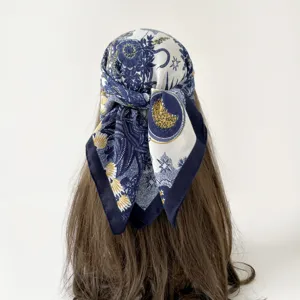 Vintage blue and white celestial print square silk scarf for women fashion headwear