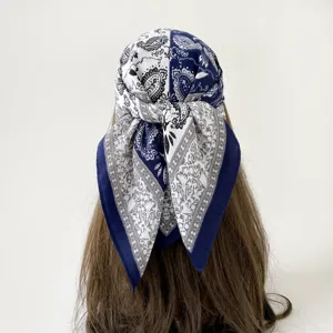 Classic blue white paisley printed square silk scarf 68cm stylish women headwear hair accessory.
