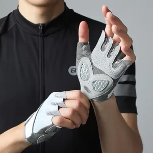 Detail view of half-finger fitness cycling gloves with breathable mesh and silicone palm.