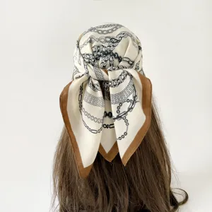 Retro chain print square scarf 68cm women silk feel hair scarf vintage head wrap accessory