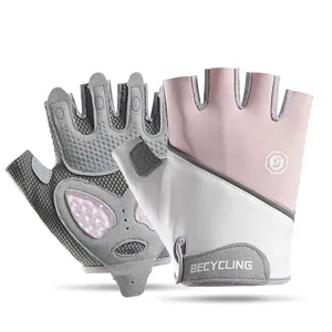 Details of the half-finger cycling gloves with anti-slip silicone padding and pink design.