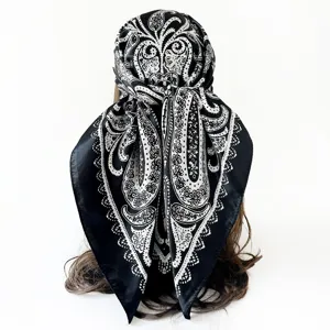 Black and white paisley print satin square scarf for women fashion head wrap detail view.