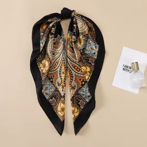 Black paisley silk scarf 70cm square headwear vintage neckerchief stylish hair wrap accessory