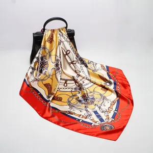 Luxury 90cm square silk scarf with elegant chain and baroque print for women fashion shawl.