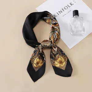 Elegant 70cm paisley print square silk scarf for women, versatile neckerchief and hair wrap.