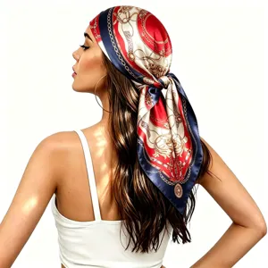 Elegant 90cm square silk scarf featuring a luxury chain and baroque print for women.