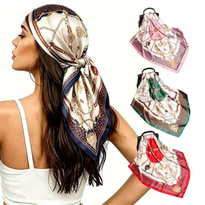Women Fashion Chain Print Silk Feel Satin Square Scarf Elegant Vintage Headscarf Neck Scarf Shawl