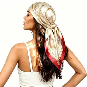 Chic 90cm square silk scarf featuring luxury gold chain print and red border style.