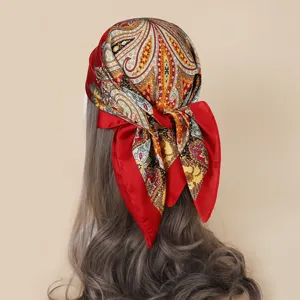 70cm paisley print imitation silk square scarf, versatile women hair scarf and neckerchief.