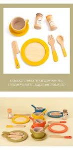 Set di giocattoli per il tè pomeridiano in legno per bambini, stoviglie da cucina di simulazione.