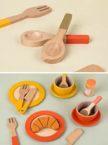 Bambini legno caffe pomeriggio gioco ruolo cucina giocattolo set stoviglie croissant tazze piatti