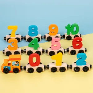 Wooden magnetic number train toy for kids, educational early learning building blocks set.