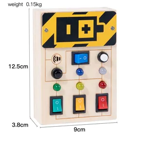Tablero sensorial Montessori de madera juguete educativo con interruptores y luces coloridas.