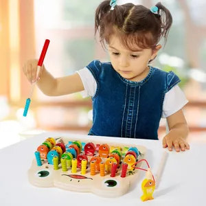 Kids wooden magnetic fishing game toy with cute frog base numbers and colorful fish for learning