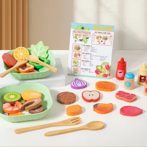 Wooden simulation vegetable fruit salad pretend play kitchen toy set with bowls and menu.