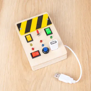 Wooden busy board toy for kids, early educational sensory toy with switches and LED lights.