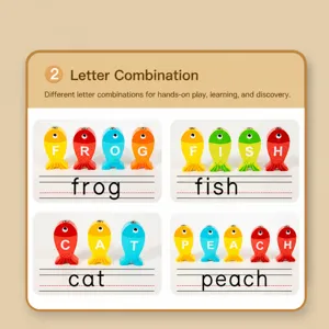 Wooden magnetic fishing letter spelling learning toy for kids, colorful educational game.