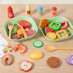 Wooden pretend play kitchen toy set with colorful vegetable and fruit slices for kids.