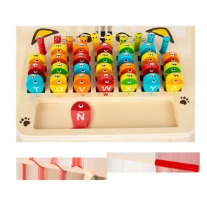 Wooden magnetic fishing and catching worms toy, alphabet learning puzzle game for kids.
