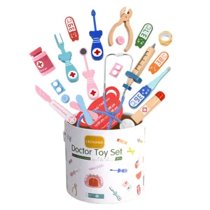 Wooden doctor toy set for kids pretend play role play medical kit with storage bucket