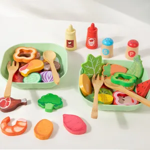 Wooden pretend play vegetable salad kitchen toy set for kids cooking game main image.