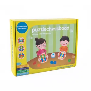 Wooden educational puzzle chessboard toy box for kids, color recognition logic game.