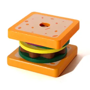 Wooden toy sandwich hamburger stacking educational children play food puzzle block set