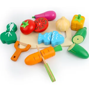 Wooden play kitchen food set, kids cutting vegetables fruits toys with board and knife.