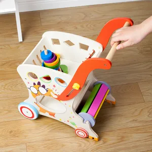 Wooden baby walker shopping cart toy with shape sorting blocks and colorful stacking rings.