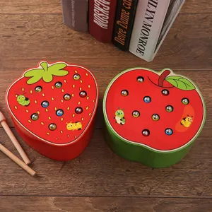 Wooden Montessori Early Education Fruit Catch-Worm Game Baby Educational Magnetic Catch Worm Caterpillar Fishing Toy