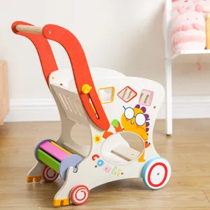 Wooden baby walker shopping cart toy for toddlers, cute pushcart front view display.