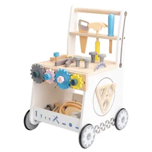 Wooden toy tool cart walker for kids, interactive workbench with colorful gears and tools.